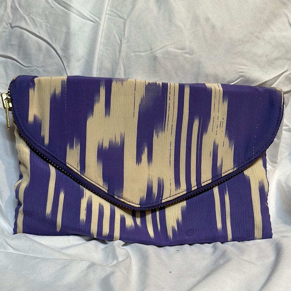 NWOT J. Crew Silk Stylish Purple and Cream Clutch